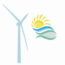 Grafika wektorowa: wiatrak, słońce nad falami i ryba, symbolizujące odnawialne źródła energii na białym tle.