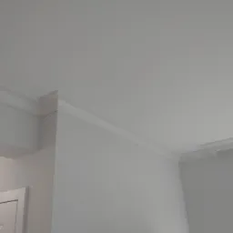 Białe, pomalowane ściany i sufit z dekoracyjnymi listwami przysufitowymi, widoczne fragmenty drzwi.