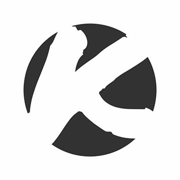 Stylizowana litera K w okręgu, negatyw przestrzeni, czarno-biała grafika.