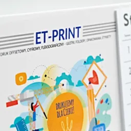 Kalendarz biurkowy z ilustracją przedstawiającą proces twórczy, logo ET-PRINT i hasłem 'Drukujemy dla Ciebie!'