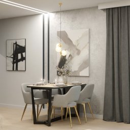 Holistic Studio Julia Ulikowska - Wizualizacja jadalni w mieszkaniu inwestycyjnym w Krakowie: stół z czterema krzesłami na złotych nogach, designerska lampa wisząca, abstrakcyjny obraz na ścianie, szare zasłony w oknie...