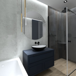 Oryginalna łazienka z płytką imitującą metal, dom jednorodzinny, Brodnica, 2020