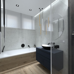 Oryginalna łazienka z płytką imitującą metal ocieplona drewnem, dom jednorodzinny, Brodnica, 2020