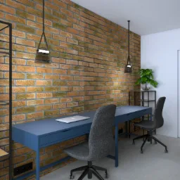 Gabinet w stylu industrialnym: ściana z cegły, niebieskie biurko z laptopem, szare krzesła obrotowe, metalowy regał z książkami, wiszące lampy z czarnymi przewodami.