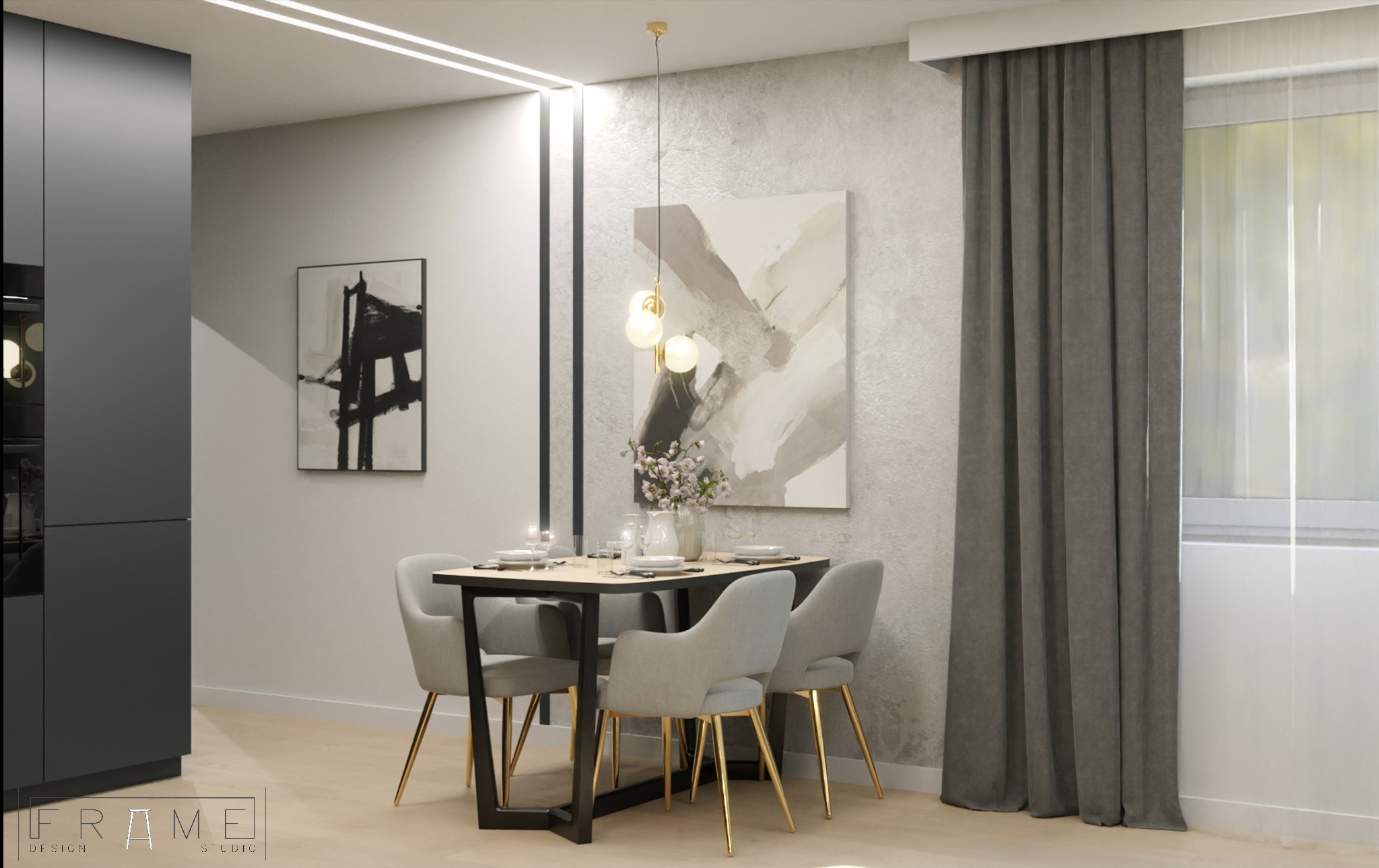 Wizualizacja jadalni w mieszkaniu inwestycyjnym w Krakowie: stół z czterema krzesłami na złotych nogach, designerska lampa wisząca, abstrakcyjny obraz na ścianie, szare zasłony w oknie...