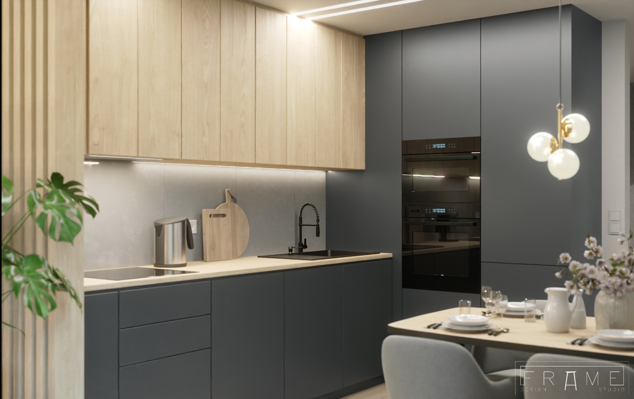 Wrocław: Minimalistyczna kuchnia z szarymi szafkami dolnymi i drewnianymi górnymi, czarną armaturą, oświetleniem LED pod szafkami i designerską lampą wiszącą nad stołem z zastawą.