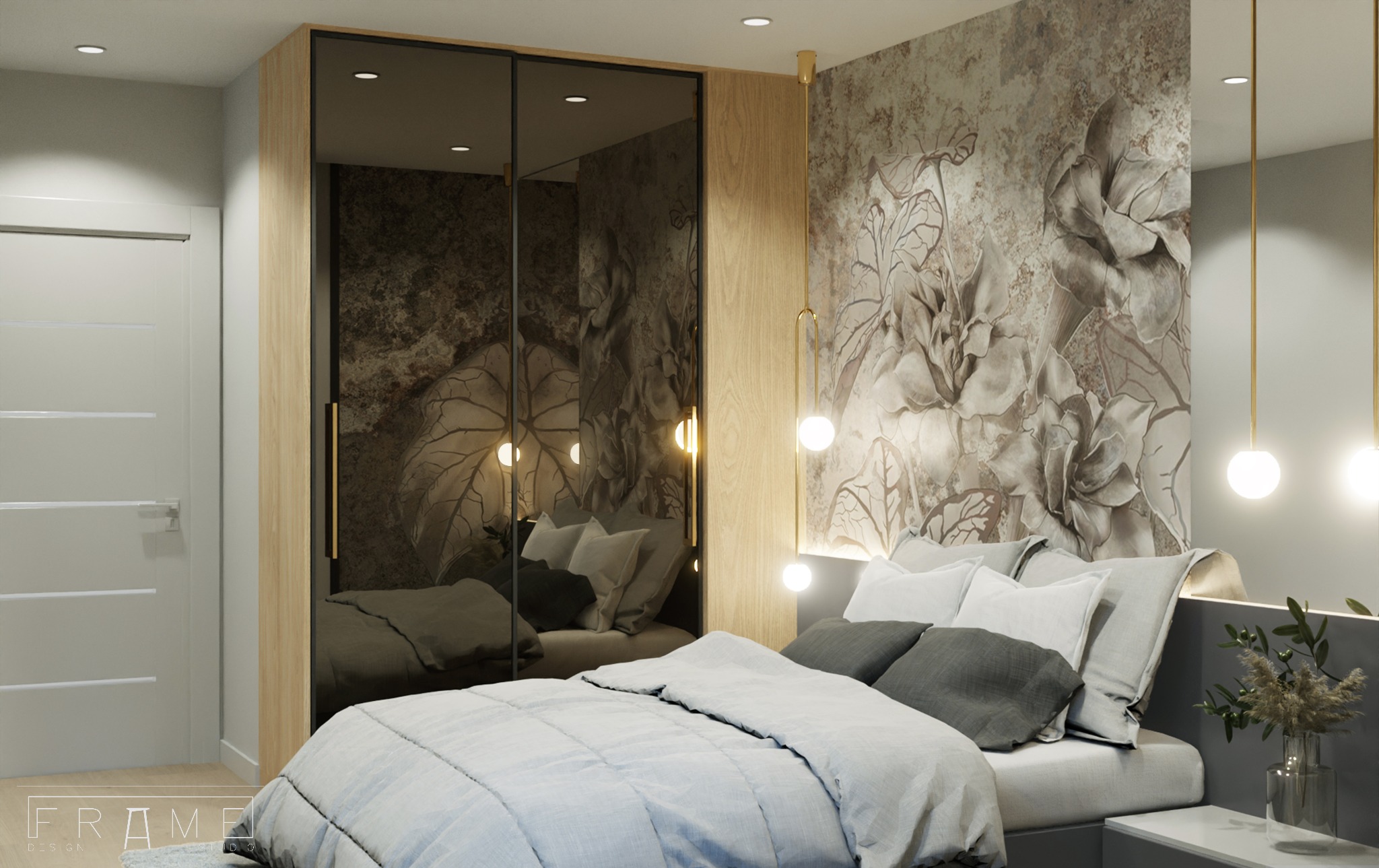 Sypialnia w mieszkaniu inwestycyjnym w Krakowie: łóżko z szarą pościelą, szafa z lustrzanymi drzwiami i tapeta z motywem kwiatowym w odcieniach beżu i szarości.