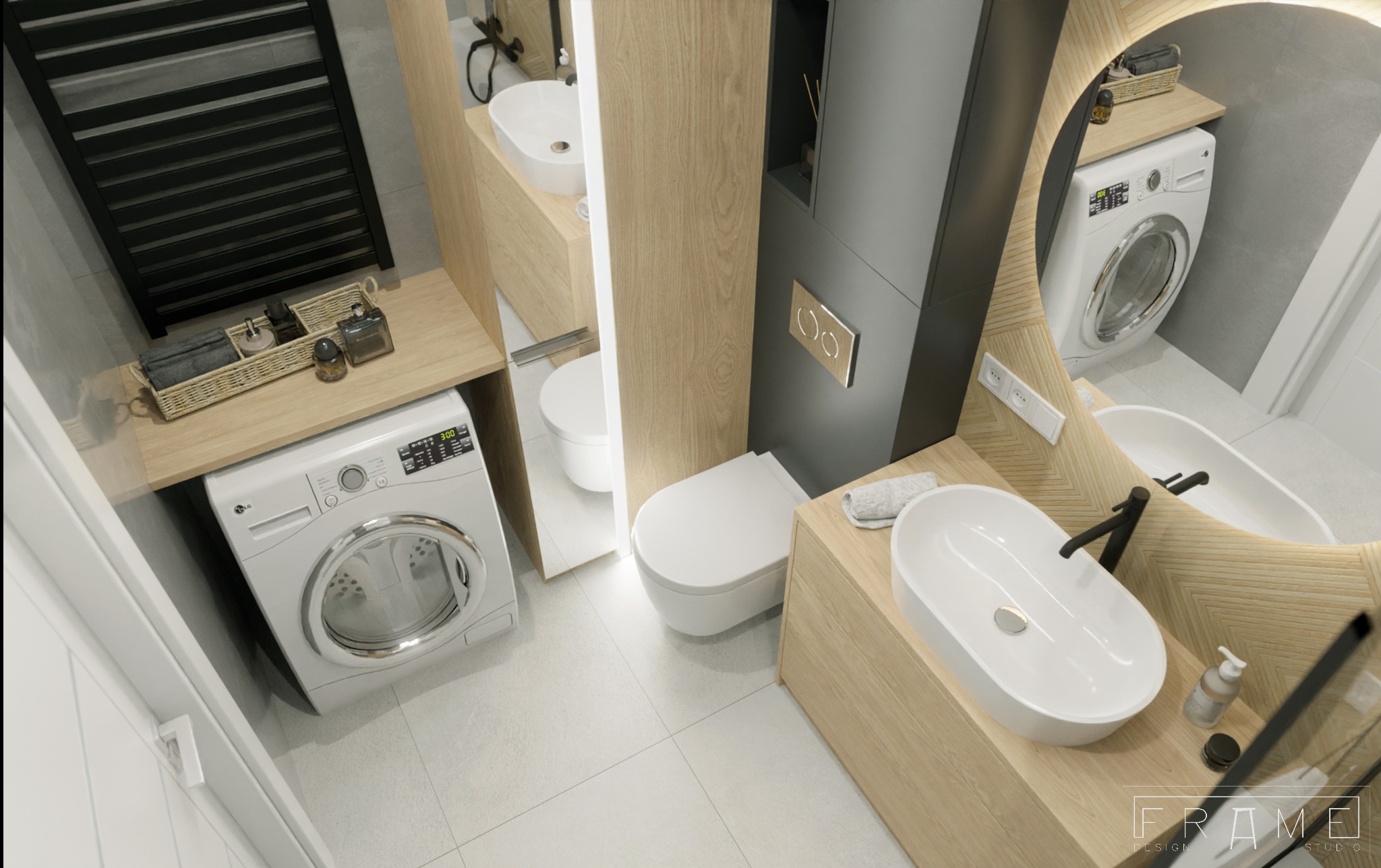 Wizualizacja małej łazienki z pralką, umywalką nablatową i okrągłym lustrem z podświetleniem LED, wykończona drewnem i szarością, widok z góry.