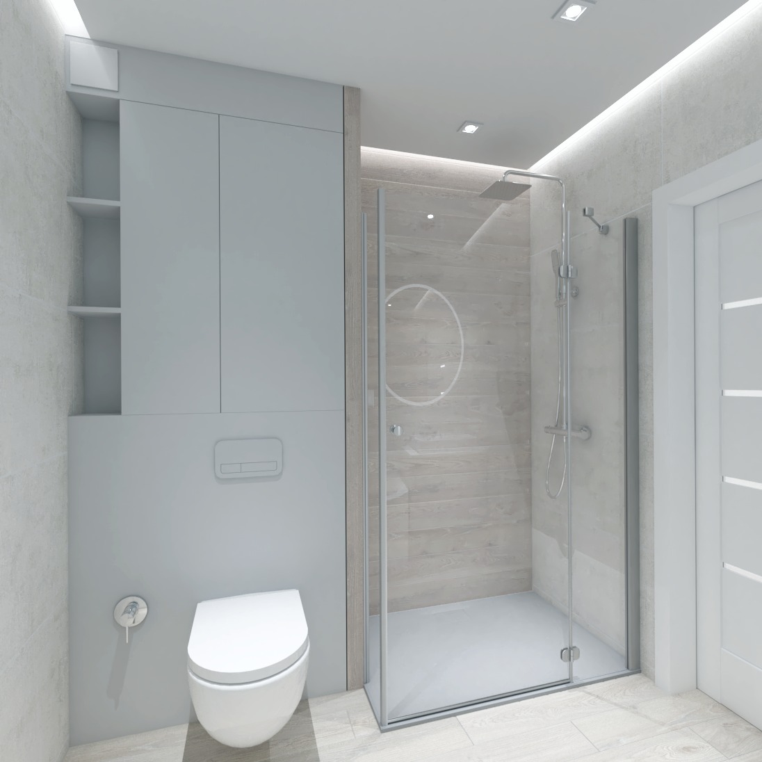 Jasna łazienka z kabiną prysznicową typu walk-in, podwieszaną toaletą i zabudową meblową w odcieniach szarości, wykończona płytkami imitującymi drewno.