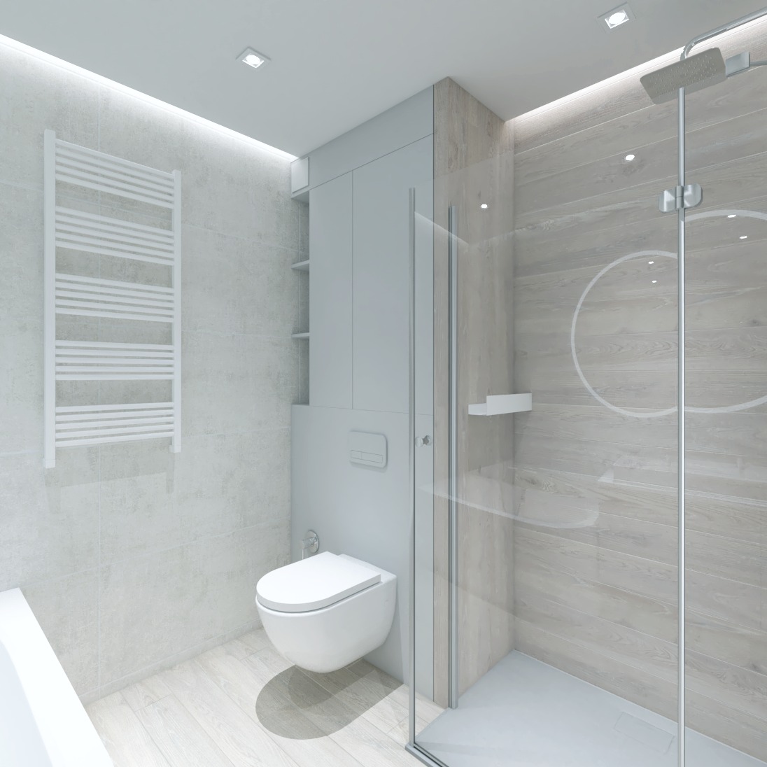 Minimalistyczna łazienka w jasnych odcieniach szarości i bieli, z kabiną prysznicową typu walk-in, podwieszaną toaletą, grzejnikiem drabinkowym i zabudową meblową z półkami.