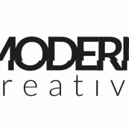 Logo firmy z napisem 'MODERN' w czcionce z efektem glitch i 'creative' poniżej, na białym tle.