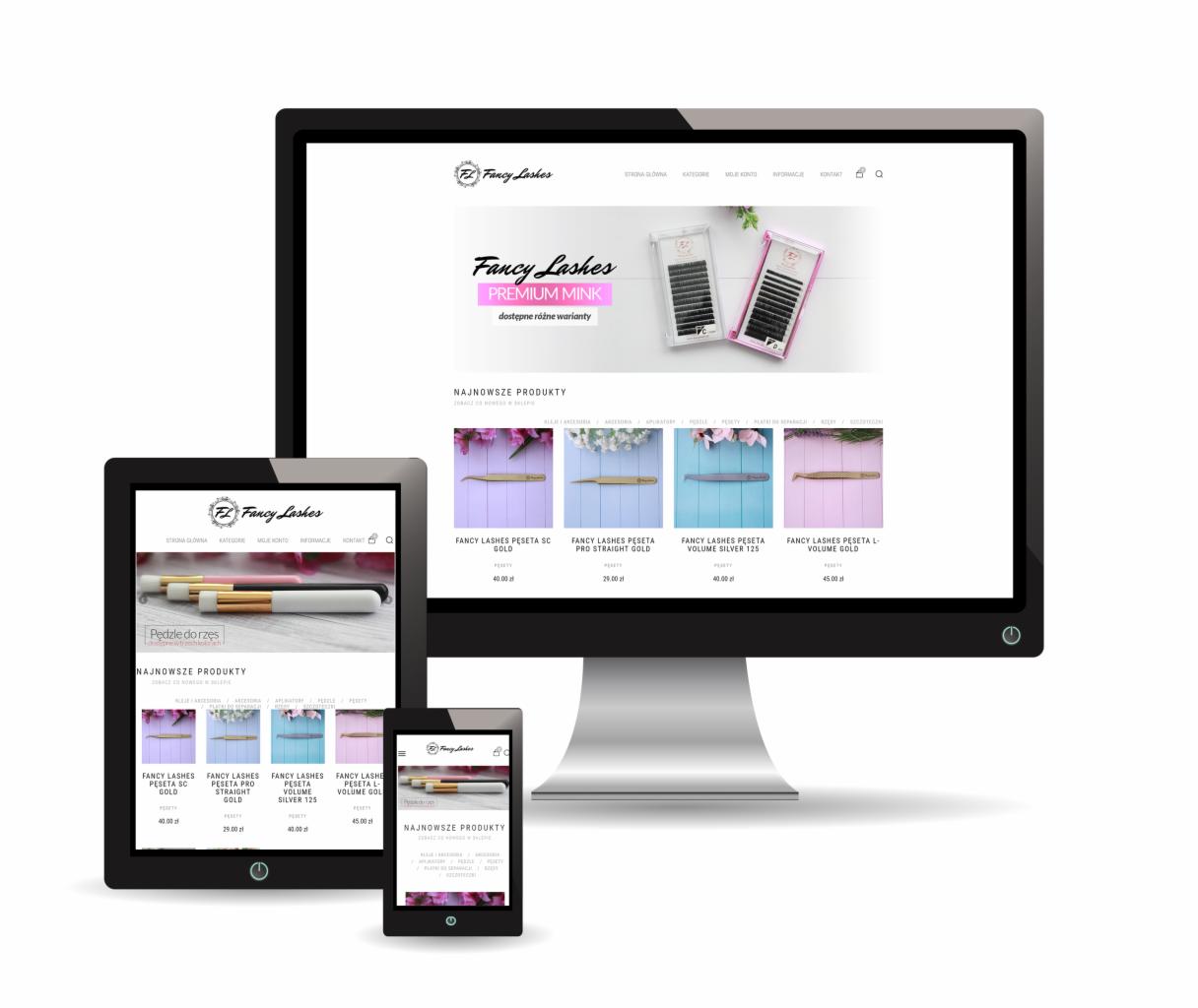 Responsywna strona internetowa sklepu Fancy Lashes wyświetlana na monitorze, tablecie i smartfonie, prezentująca najnowsze produkty do stylizacji rzęs.