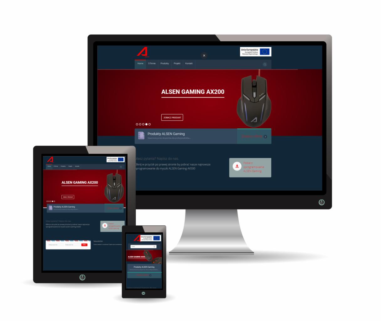 Prezentacja responsywnej strony internetowej Alsen Gaming AX200 na monitorze, tablecie i smartfonie, wykonana w Pruszkowie.