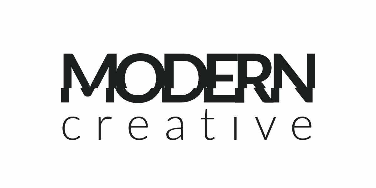 Logo firmy z napisem 'MODERN' w czcionce z efektem glitch i 'creative' poniżej, na białym tle.