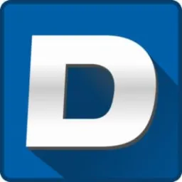 Graficzna litera D w kolorze srebrnym z cieniem na niebieskim tle.