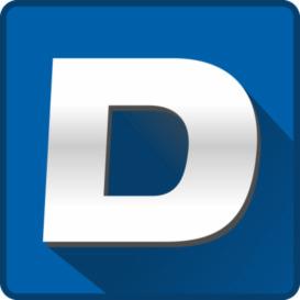 Graficzna litera D w kolorze srebrnym z cieniem na niebieskim tle.