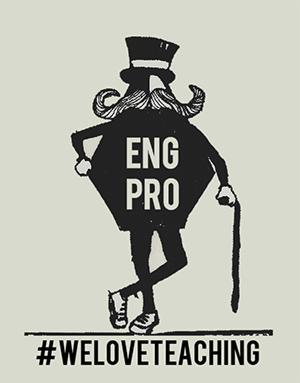 Stylizowana, czarno-biała grafika przedstawiająca postać w cylindrze z wąsami, trzymającą laskę, z napisem 'ENG PRO' na romboidalnej sylwetce tułowia. U dołu hashtag #WELOVETEACHING.