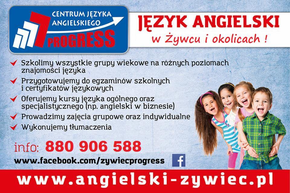 Ogłoszenie Centrum Języka Angielskiego 'Progress' w Żywcu, oferujące kursy dla różnych grup wiekowych, przygotowanie do egzaminów i tłumaczenia, z uśmiechniętymi dziećmi w tle.