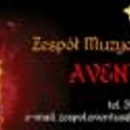 Wizytówka zespołu muzycznego Aventius z głośnikiem po lewej, płomieniami i złotymi gwiazdami na czarnym tle. Widoczny adres e-mail i numer telefonu.