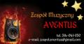 Wizytówka zespołu muzycznego Aventius z głośnikiem po lewej, płomieniami i złotymi gwiazdami na czarnym tle. Widoczny adres e-mail i numer telefonu.