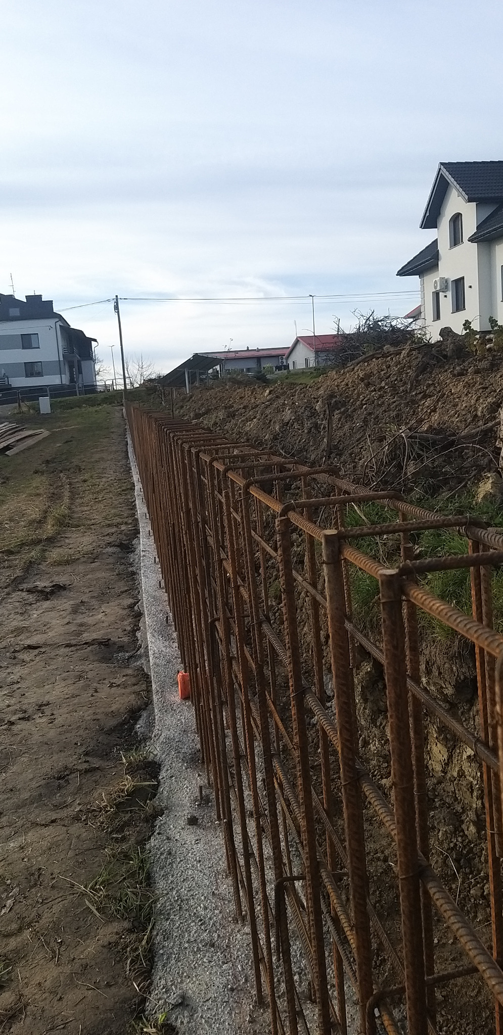 Zbrojenie fundamentu ogrodzenia na działce budowlanej, widok z boku. W tle domy jednorodzinne i ziemia. Elementy zbrojenia są zardzewiałe.