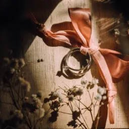 Dwa srebrne pierścionki spięte różową wstążką leżą na drewnianej powierzchni w otoczeniu drobnych białych kwiatów, całość oświetlona ciepłym światłem padającym z góry.