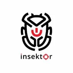 Czarno-czerwone logo firmy z stylizowanym owadem i napisem 'insektor' z celownikiem zamiast litery 'o'.