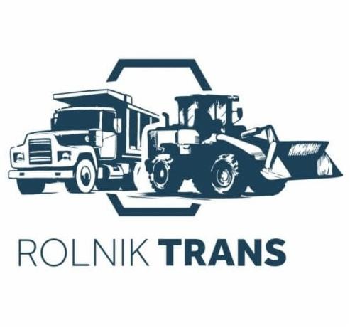 Grafika: ciężarówka i ładowarka na tle sześciokąta, napis 'ROLNIK TRANS' poniżej. Ilustracja w odcieniach niebieskiego.