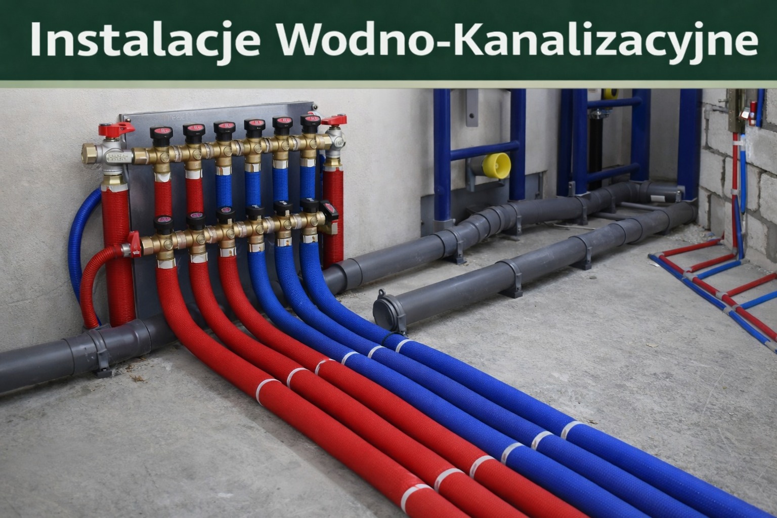 Rozdzielacz instalacji wodno-kanalizacyjnej z rurami w kolorach czerwonym i niebieskim, ułożonymi równolegle na szarej posadzce. Widoczne szare rury kanalizacyjne.