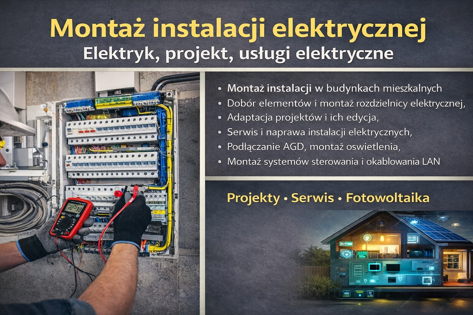 Elektryk w trakcie pomiarów w rozdzielnicy elektrycznej. Widoczne przewody, bezpieczniki i miernik. Na drugim planie oferta firmy.
