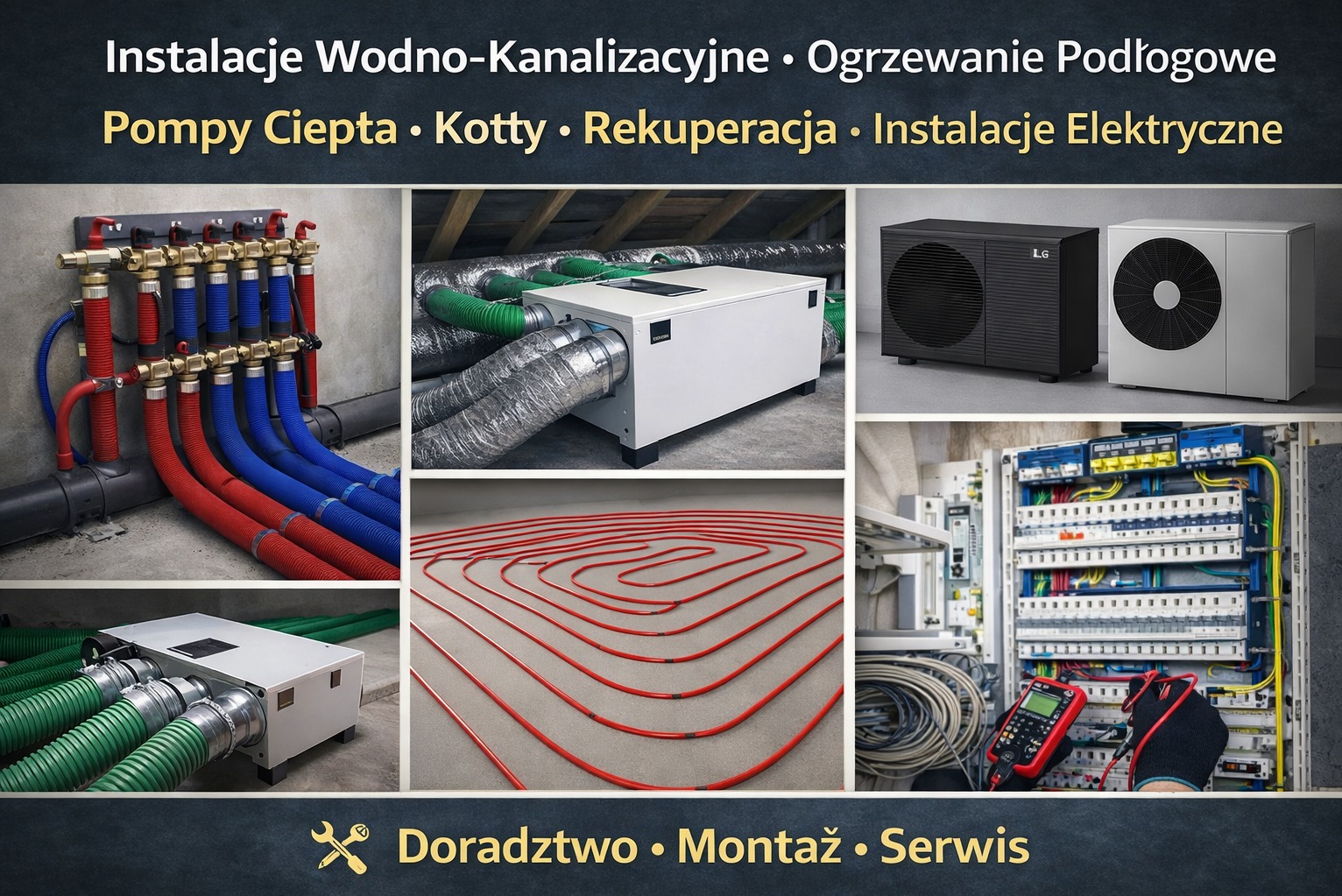 Kolaż instalacji: wodno-kanalizacyjnych, ogrzewania podłogowego, pompy ciepła, rekuperacji i elektrycznych. Widoczne elementy instalacji i urządzenia.