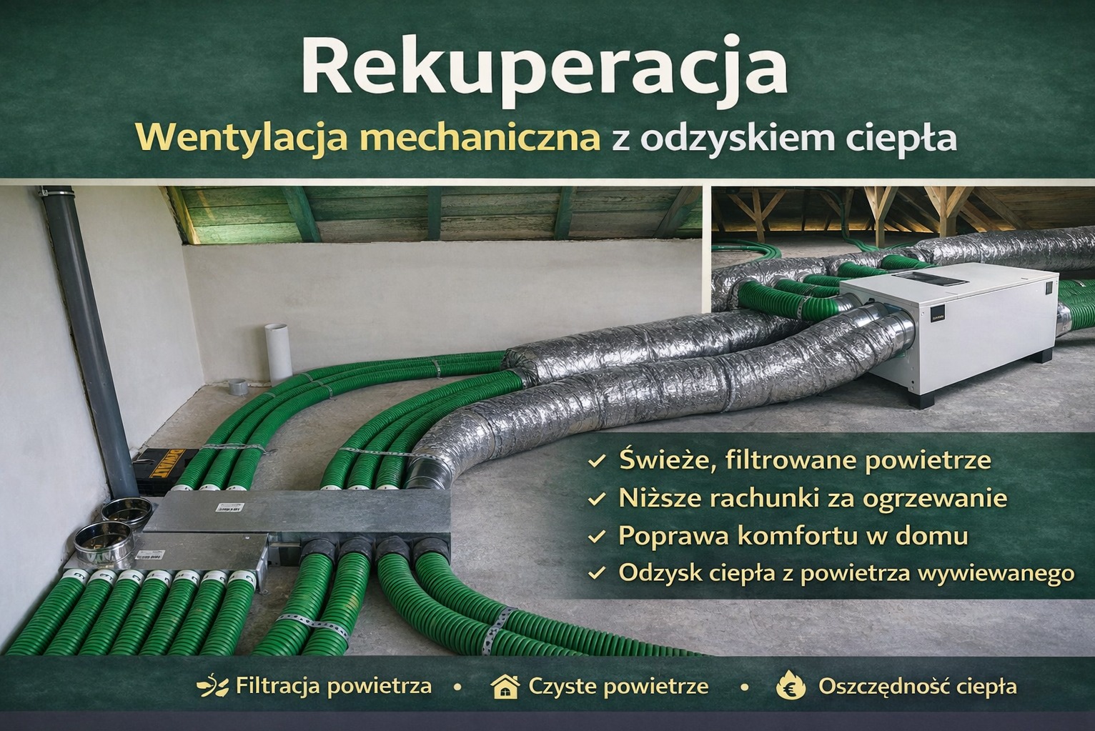 Kompletna instalacja rekuperacji z centralą wentylacyjną i systemem rur wentylacyjnych, zapewniająca świeże, filtrowane powietrze i odzysk ciepła w domu.