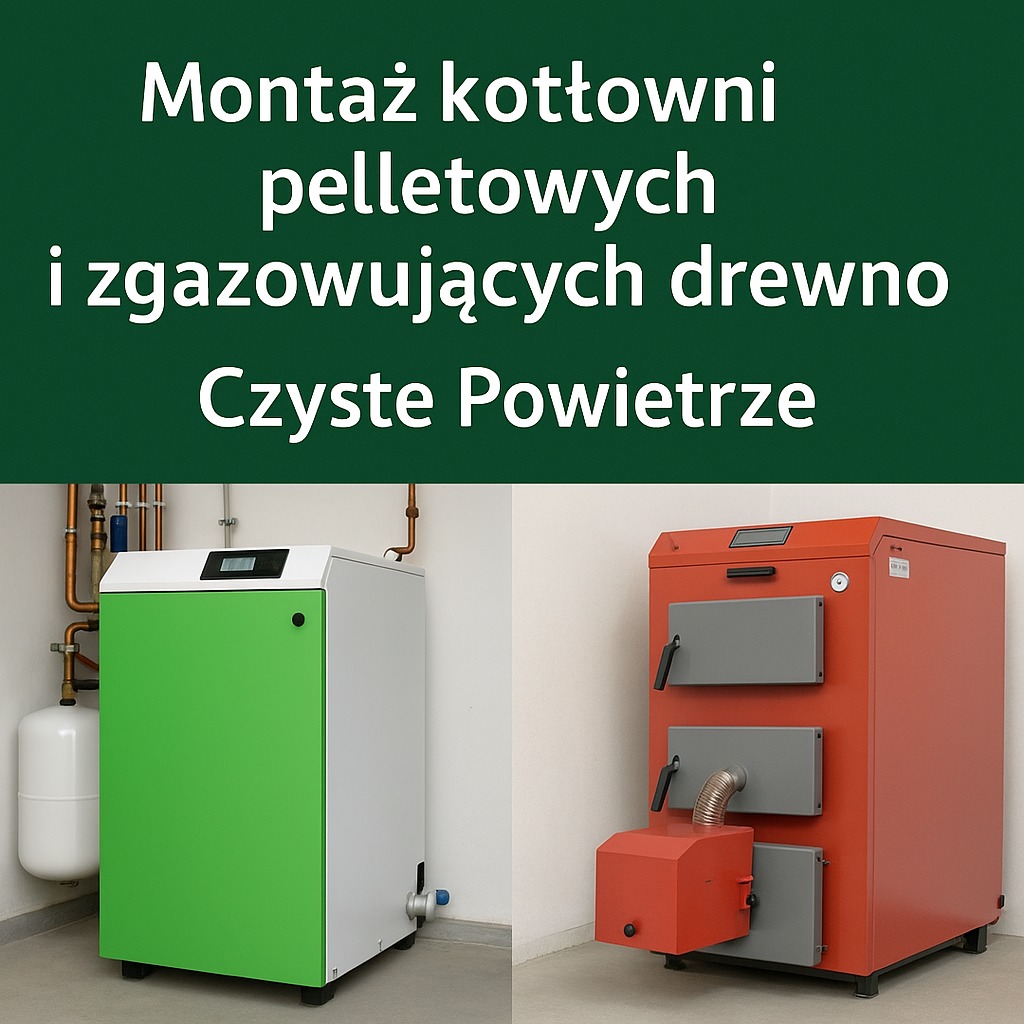 Dwa kotły: zielono-biały i pomarańczowy, z widocznymi rurami instalacji. U góry napis 'Montaż kotłowni pelletowych i zgazowujących drewno Czyste Powietrze'.