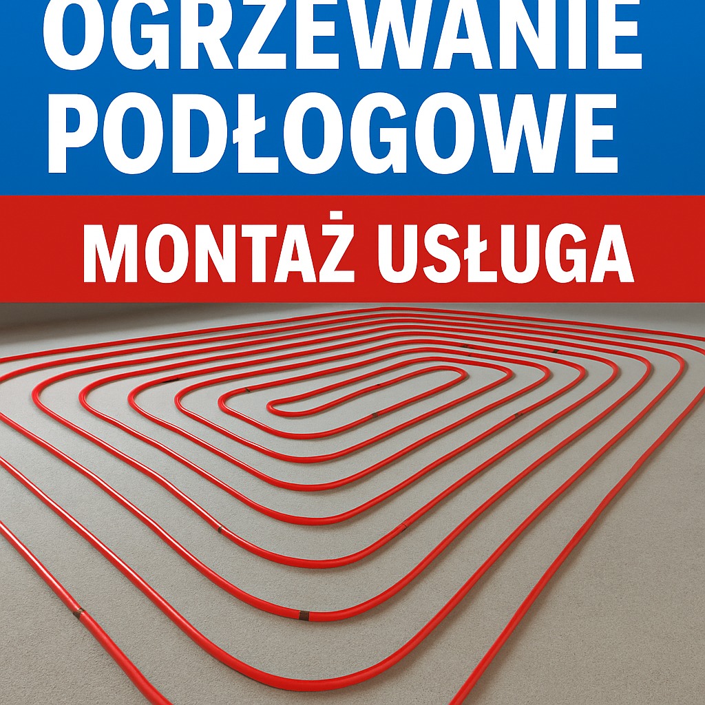 Czerwone rury ogrzewania podłogowego ułożone spiralnie na szarym podłożu. U góry napis 'Ogrzewanie podłogowe Montaż Usługa' na niebiesko-czerwonym tle.