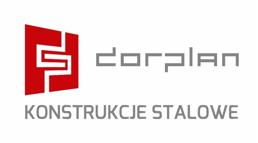 Logo firmy Dorplan Konstrukcje Stalowe z czerwonym, geometrycznym symbolem po lewej stronie i szarym napisem nazwy firmy oraz kategorii usług poniżej.