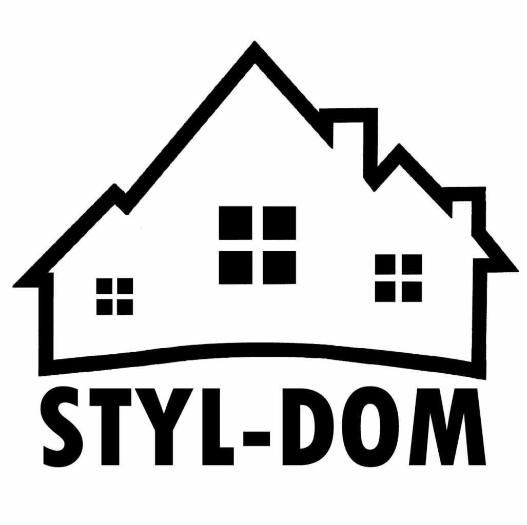 Czarno-białe logo firmy STYL-DOM przedstawia zarys domu z oknami. Minimalistyczny design, kontrastowe kolory.