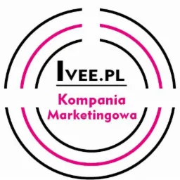Logotyp firmy IveE.PL Kompania Marketingowa, otoczony czarnymi i różowymi okręgami z przerwami.