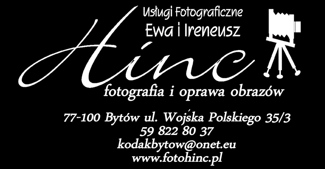Logo firmy fotograficznej Hinc z Bytowa, oferującej usługi fotograficzne i oprawę obrazów, z adresem, numerem telefonu i adresem e-mail, na czarnym tle z ikoną starego aparatu na trójnogu.