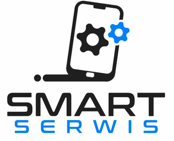 Logo firmy Smart Serwis: czarny telefon z ikonami kół zębatych, czarny napis SMART i niebieski SERWIS na białym tle.