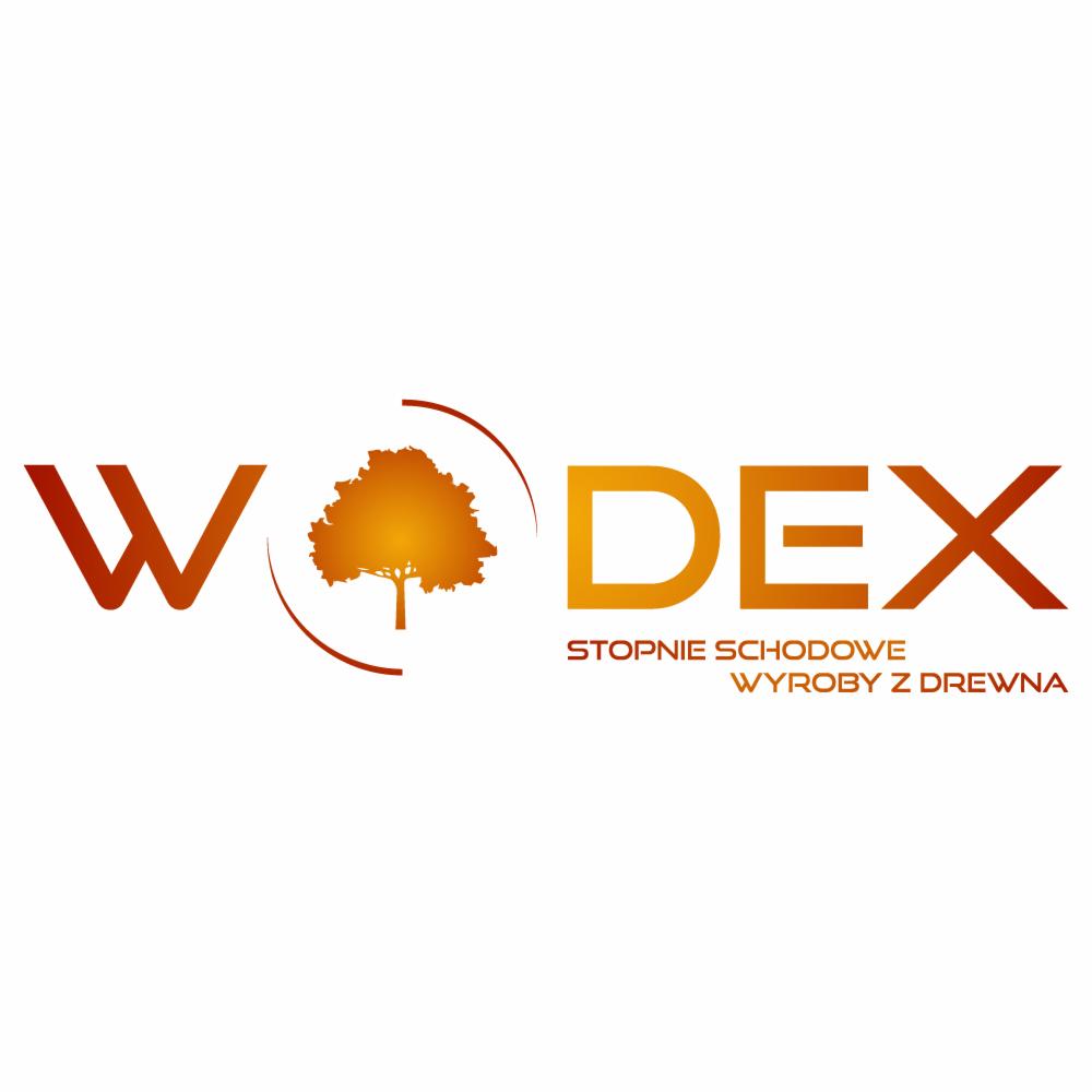 Graficzne logo firmy WODEX, specjalizującej się w stopniach schodowych i wyrobach z drewna, z stylizowanym drzewem w pomarańczowo-brązowej kolorystyce.