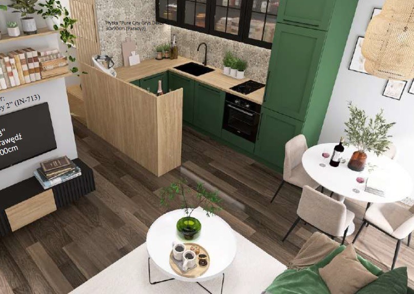 Wnętrze mieszkania z zieloną zabudową kuchenną, drewnianym blatem i barkiem, okrągłym stołem jadalnym z butelką wina i kwiatami, oraz częścią wypoczynkową z białą sofą i stolikiem kawowym. Widok...