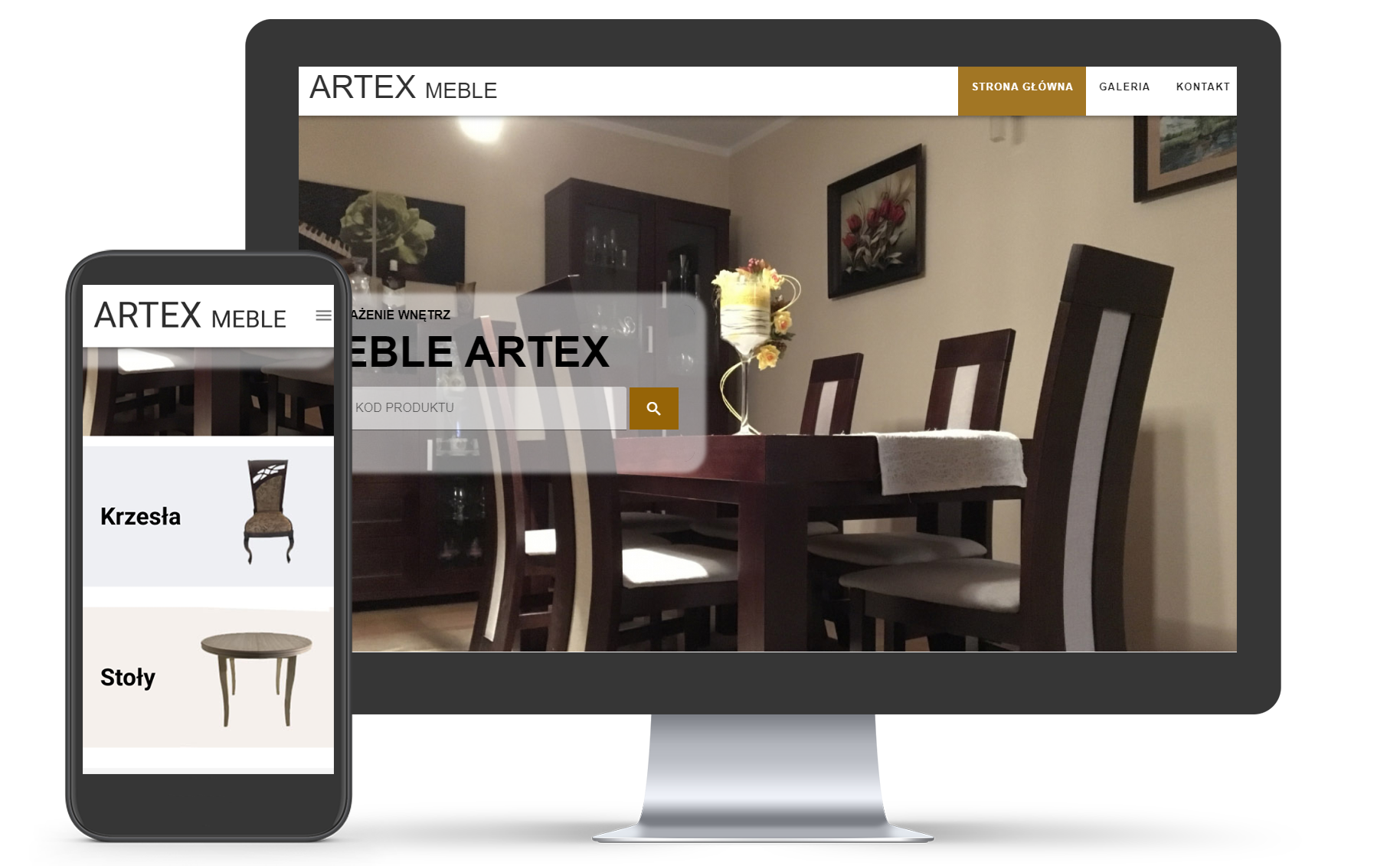 Prezentacja strony internetowej firmy meblarskiej Artex Meble na monitorze i smartfonie, ukazująca aranżację jadalni z ciemnym drewnianym stołem i krzesłami oraz menu z krzesłami i stołami.