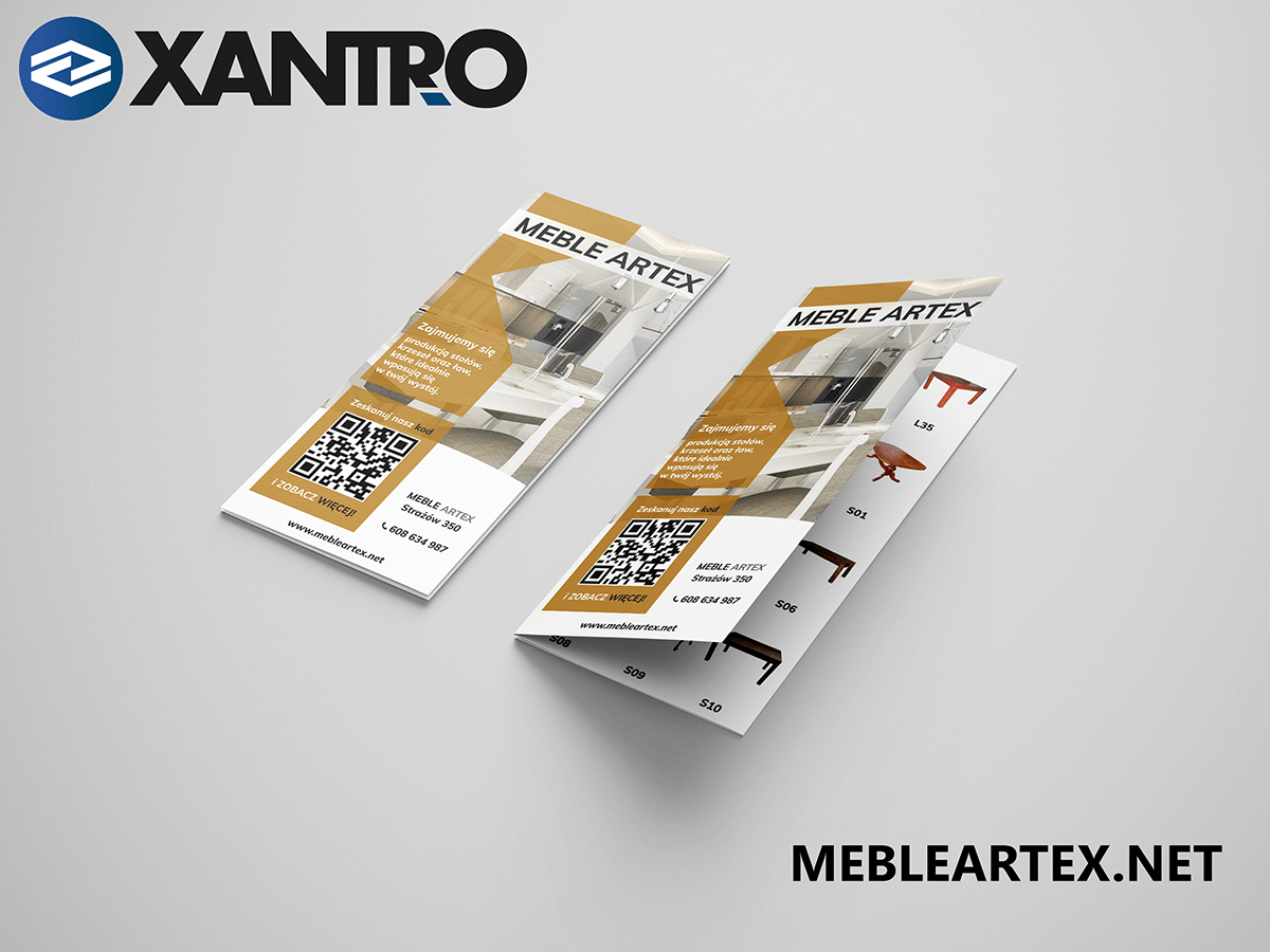 Dwa ulotki reklamowe firmy meblarskiej Meble Artex, prezentujące ofertę stołów, krzeseł i ław, z kodem QR i adresem strony internetowej mebleartex.net, na jasnoszarym tle.