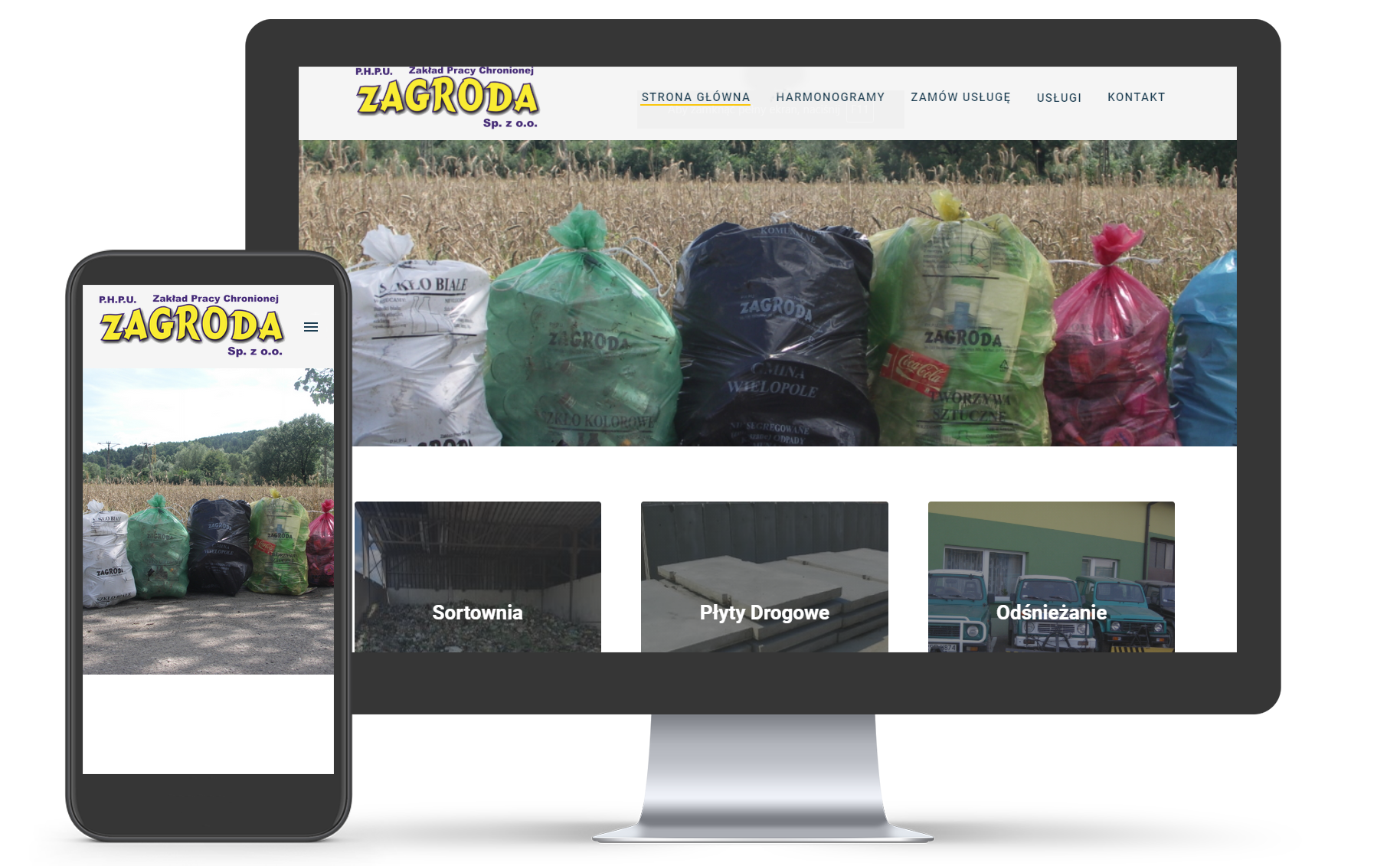 Wyświetlona na monitorze strona internetowa firmy Zagroda, prezentowana również na smartfonie obok, z widocznymi workami z odpadami w tle, z logo firmy w nagłówku i menu nawigacyjnym.