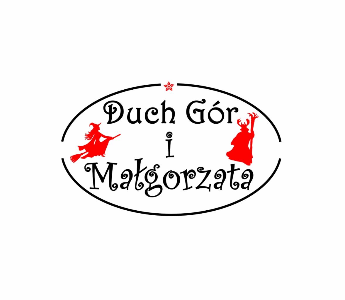 Logo firmy 'Duch Gór i Małgorzata' z sylwetkami czarownicy na miotle i ducha gór w kolorze czerwonym, umieszczone w czarnej elipsie.