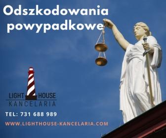 Grafika reklamowa kancelarii prawnej: posąg Temidy z wagą na tle błękitnego nieba, poniżej logo z latarnią morską i danymi kontaktowymi.