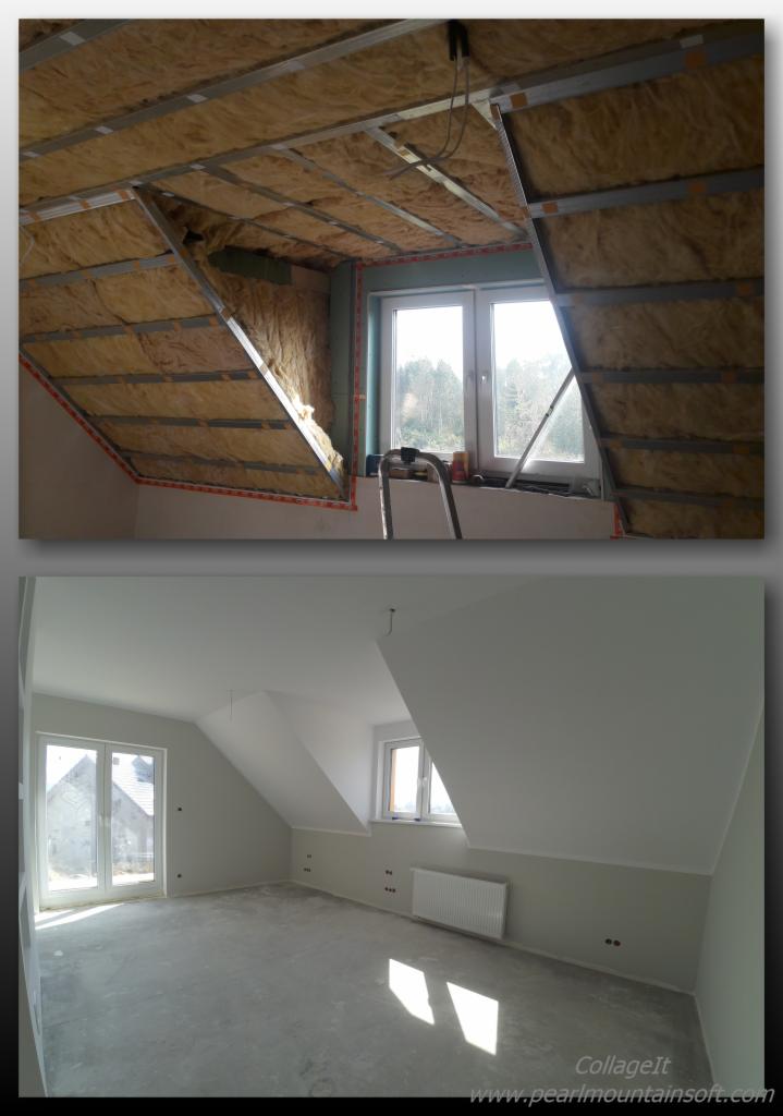 Poddasze w trakcie ocieplania wełną mineralną, widoczne metalowe profile konstrukcyjne, w dolnej części wykończone pomieszczenie z oknami i grzejnikiem.