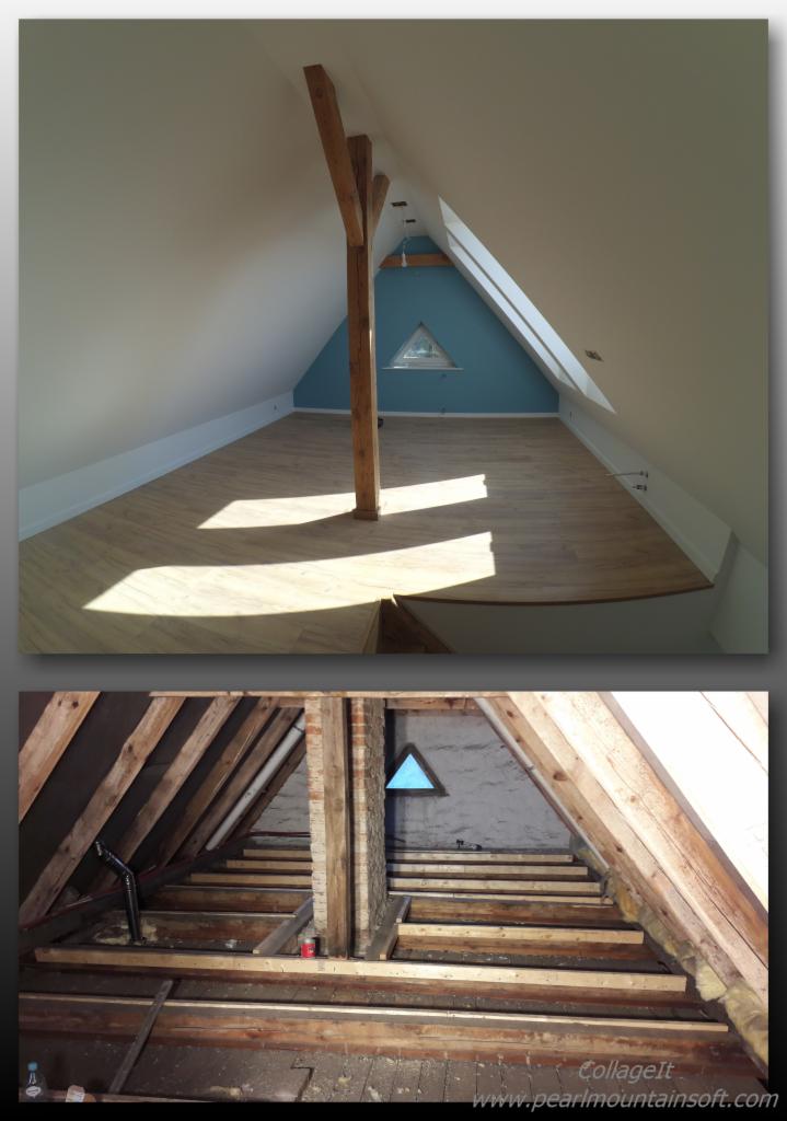 Adaptacja poddasza: widok przed i po. Na górze: jasne panele podłogowe, drewniany słup podtrzymujący, niebieska ściana z trójkątnym oknem. Na dole: surowe drewniane krokwie, ceglany komin, widok...