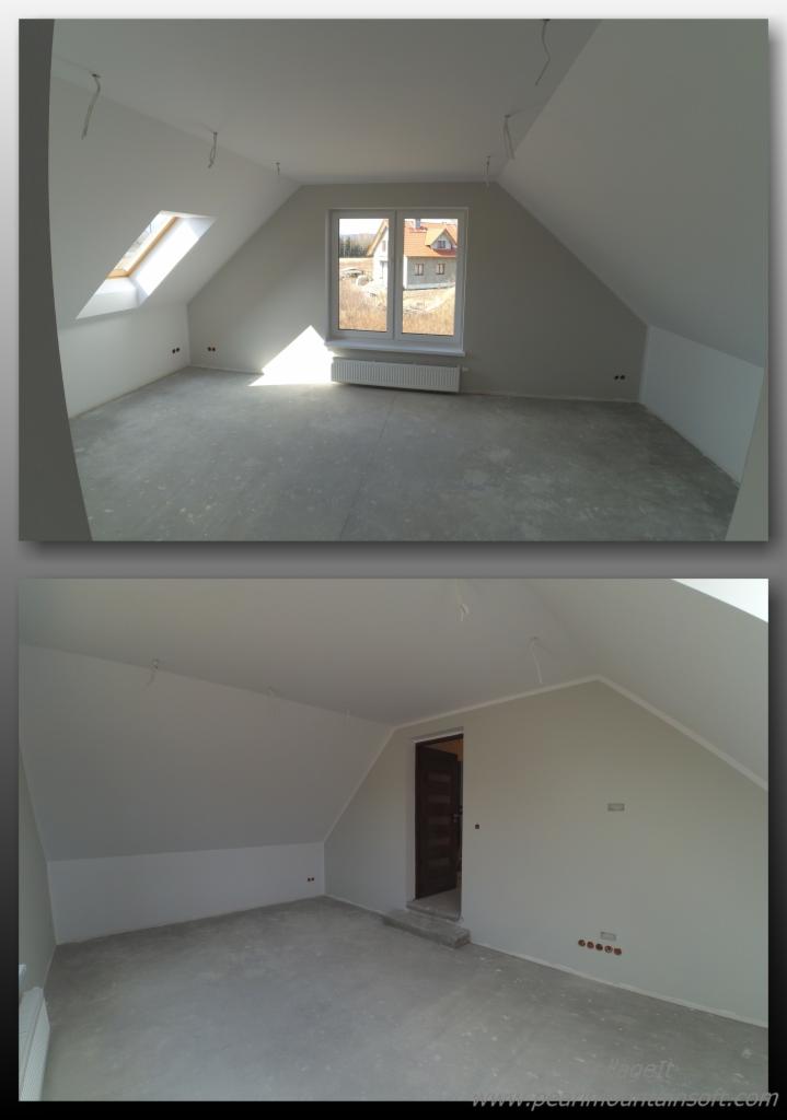 Poddasze po szpachlowaniu i malowaniu na szaro, widoczne okna dachowe i pionowe, wystające kable, przygotowane pod dalsze prace wykończeniowe.