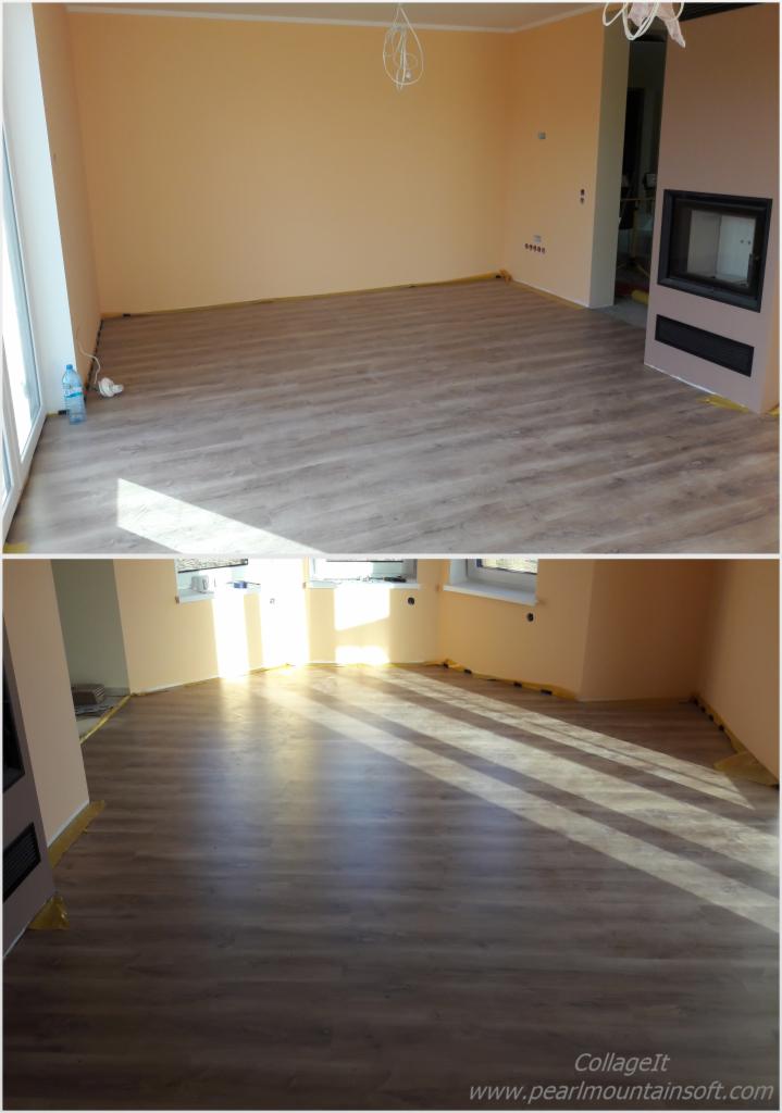 Pokój po remoncie z nową podłogą z paneli imitujących drewno, ściany pomalowane na jasny kolor, zabezpieczone taśmą malarską przy podłodze, widoczne przewody oświetleniowe i butelka wody przy oknie.